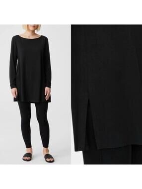 Eileen Fisher black jersey knit long-sleeve tunic top size Large